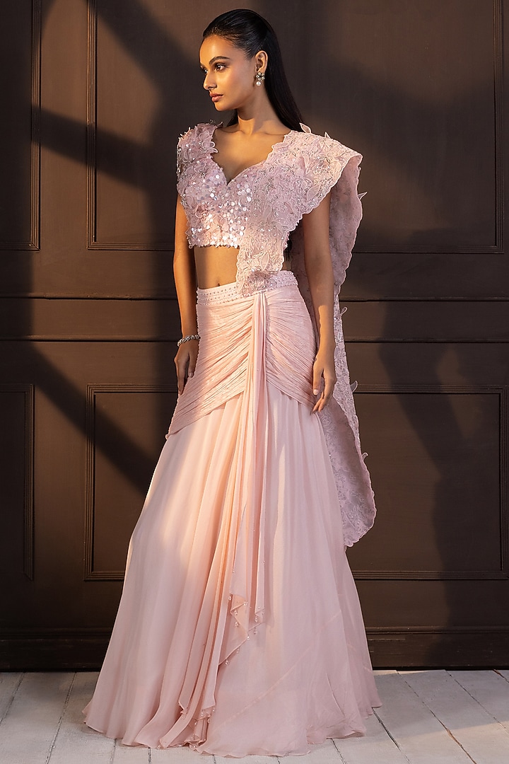Powder Pink Chiffon Floral Applique Work Draped Wedding Saree Set by Smriti by Anju Agarwal at Pernia's Pop Up Shop