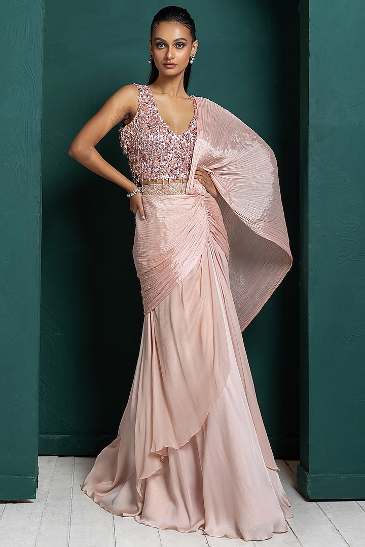 Blush Pink Chinon Draped Saree Set by Smriti by Anju Agarwal at Pernia's Pop Up Shop