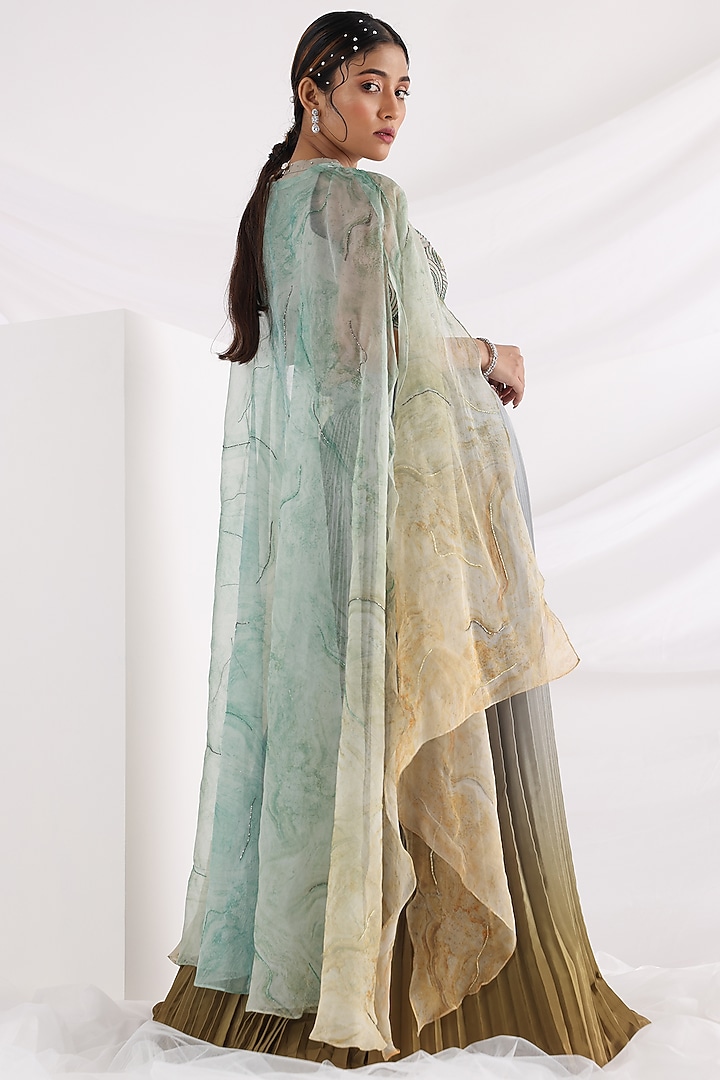 Grey Crepe & Organza Printed Jacket Lehenga Set by Smriti by Anju Agarwal at Pernia's Pop Up Shop