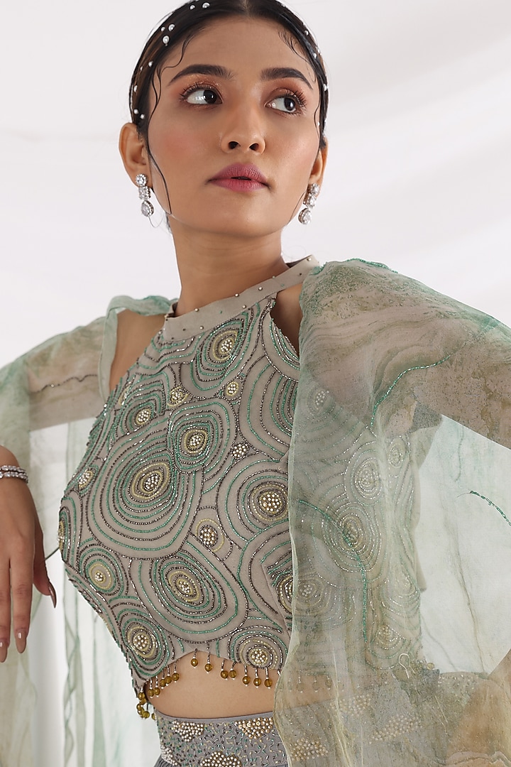 Grey Crepe & Organza Printed Jacket Lehenga Set by Smriti by Anju Agarwal at Pernia's Pop Up Shop