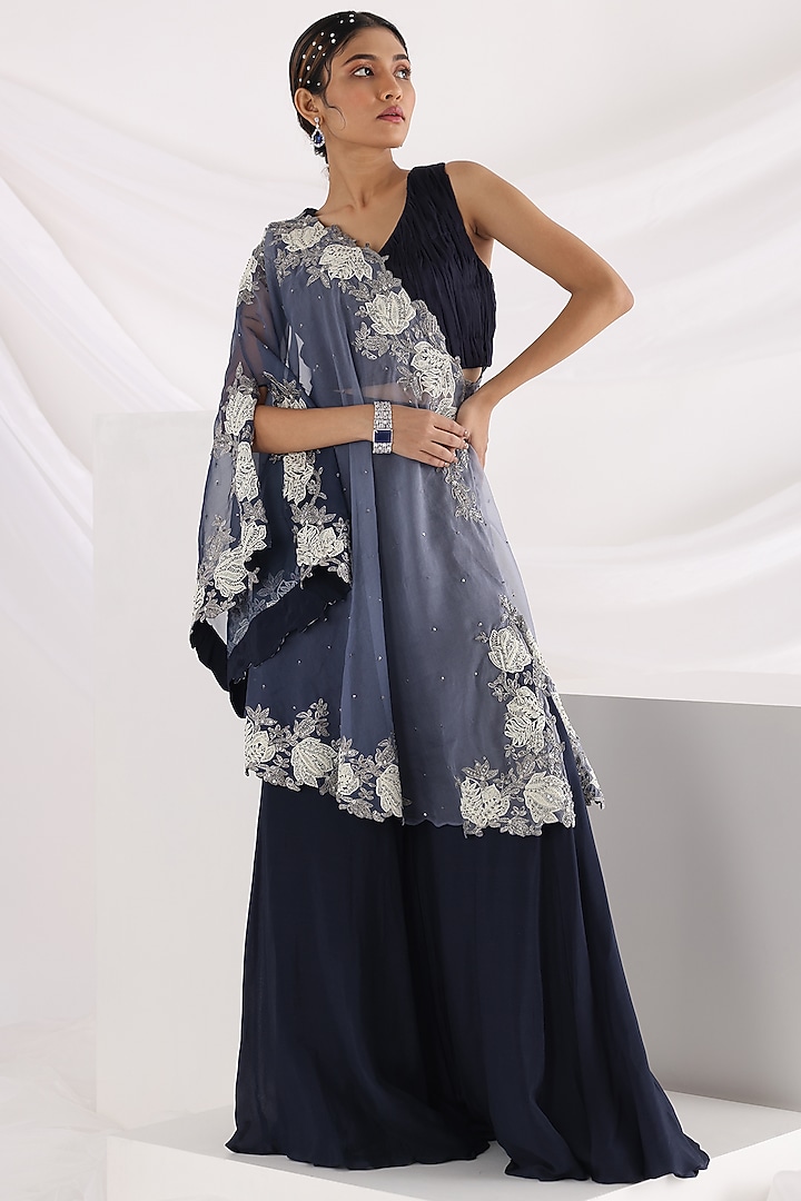 Ombre Blue Organza Embellished Cape Set by Smriti by Anju Agarwal at Pernia's Pop Up Shop