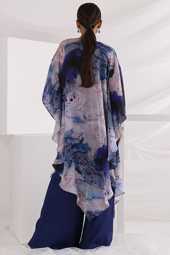 Blue Satin Georgette Printed Cape Set by Smriti by Anju Agarwal at Pernia's Pop Up Shop