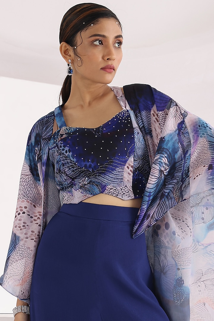 Blue Satin Georgette Printed Cape Set by Smriti by Anju Agarwal at Pernia's Pop Up Shop