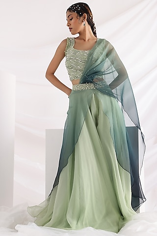 Muted Green Organza & Crepe Co-Ord Set by Smriti by Anju Agarwal