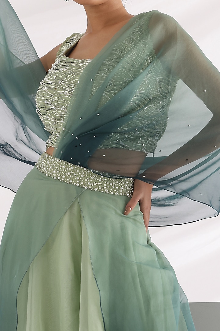 Muted Green Organza & Crepe Co-Ord Set by Smriti by Anju Agarwal at Pernia's Pop Up Shop