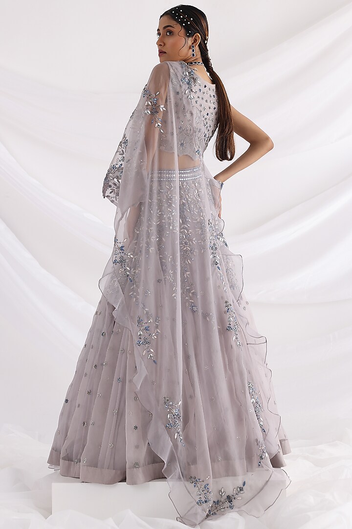 Etheral Grey Organza & Tafetta Embroidered Wedding Lehenga Set by Smriti by Anju Agarwal at Pernia's Pop Up Shop