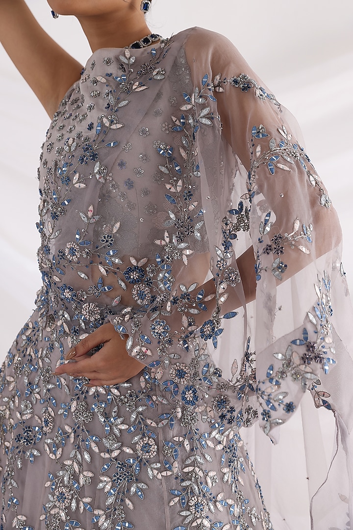 Etheral Grey Organza & Tafetta Embroidered Wedding Lehenga Set by Smriti by Anju Agarwal at Pernia's Pop Up Shop