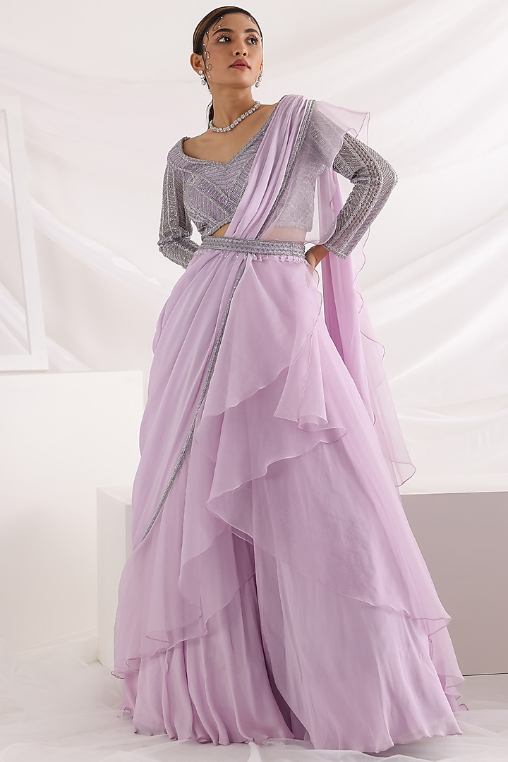 Lavender Organza & Crepe Wedding Lehenga Set by Smriti by Anju Agarwal at Pernia's Pop Up Shop