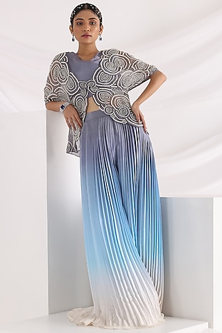 Grey Organza & Taffeta Embroidered Jacket Set by Smriti by Anju Agarwal