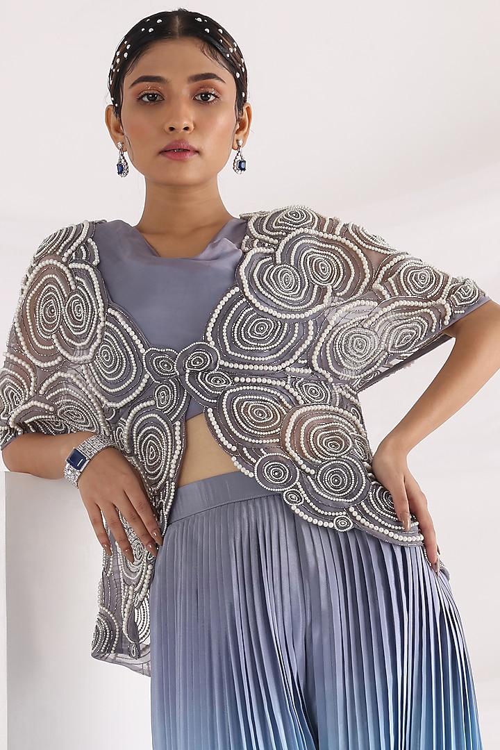 Grey Organza & Taffeta Embroidered Jacket Set by Smriti by Anju Agarwal at Pernia's Pop Up Shop