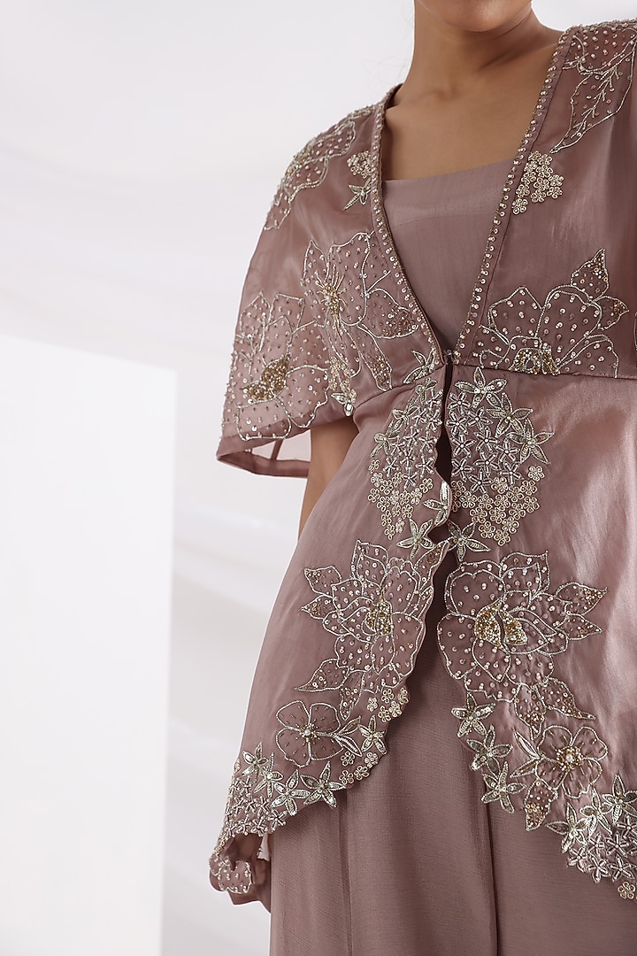 Blush Pink Satin Organza Embroidered Jacket Set by Smriti by Anju Agarwal at Pernia's Pop Up Shop