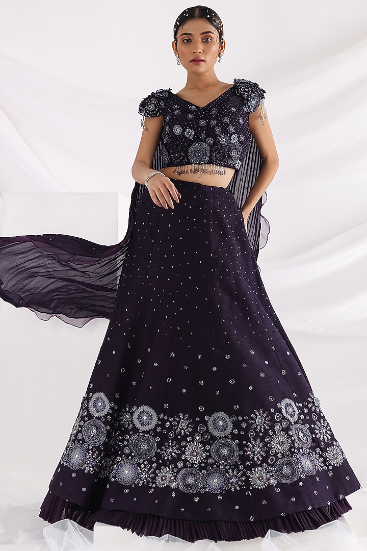 Plum Bam Silk & Organza Embroidered Wedding Lehenga Set by Smriti by Anju Agarwal at Pernia's Pop Up Shop