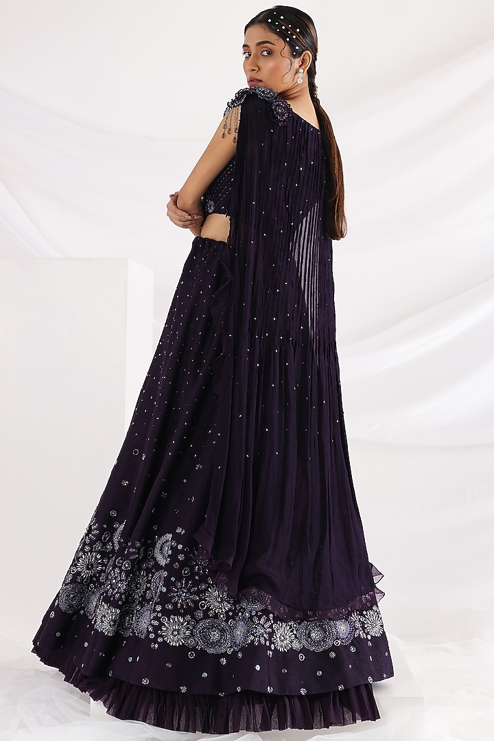 Plum Bam Silk & Organza Embroidered Wedding Lehenga Set by Smriti by Anju Agarwal at Pernia's Pop Up Shop