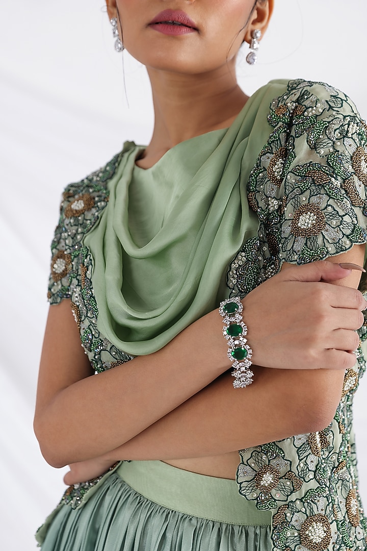 Lucia Green Silk & Taffeta Jacket Wedding Lehenga Set by Smriti by Anju Agarwal at Pernia's Pop Up Shop