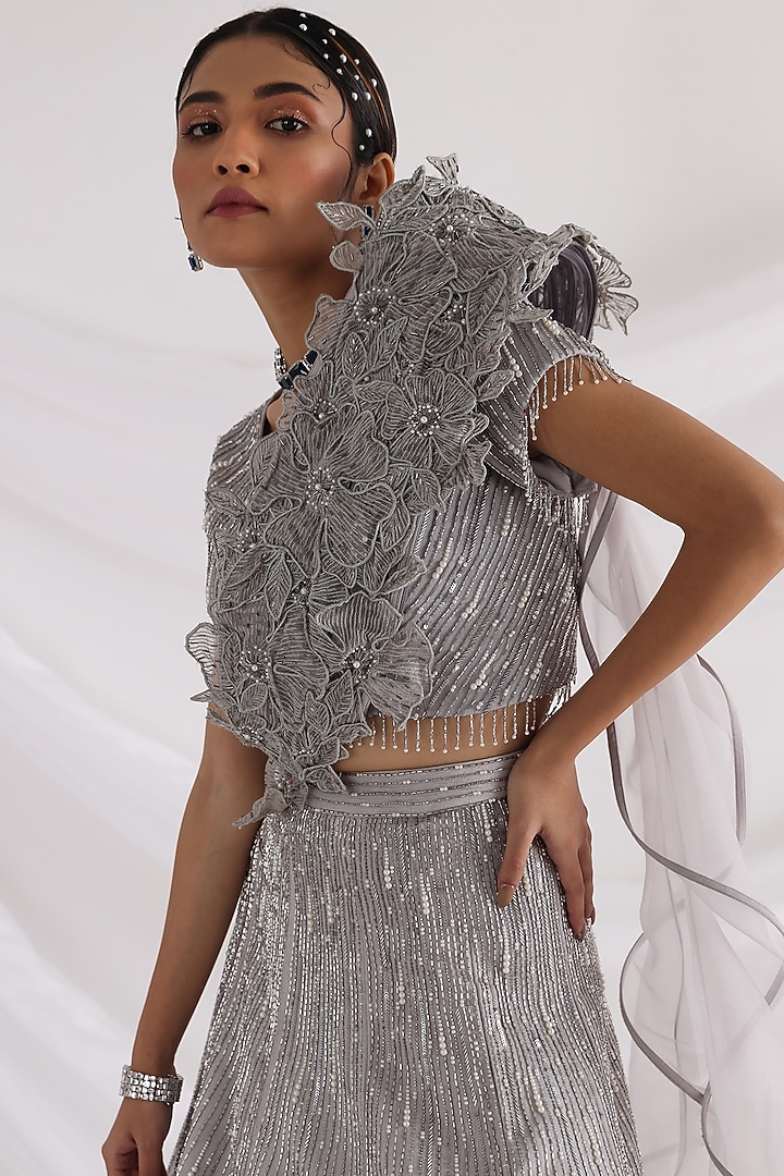 Grey Taffeta & Organza Wedding Lehenga Set by Smriti by Anju Agarwal at Pernia's Pop Up Shop
