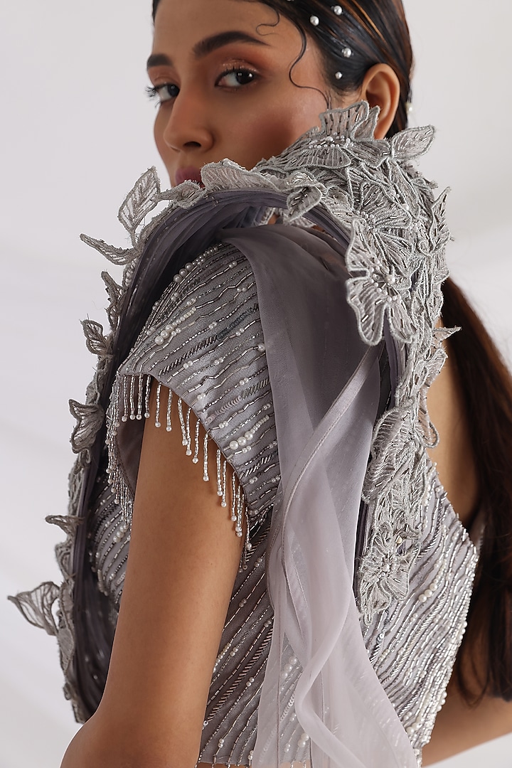 Grey Taffeta & Organza Wedding Lehenga Set by Smriti by Anju Agarwal at Pernia's Pop Up Shop