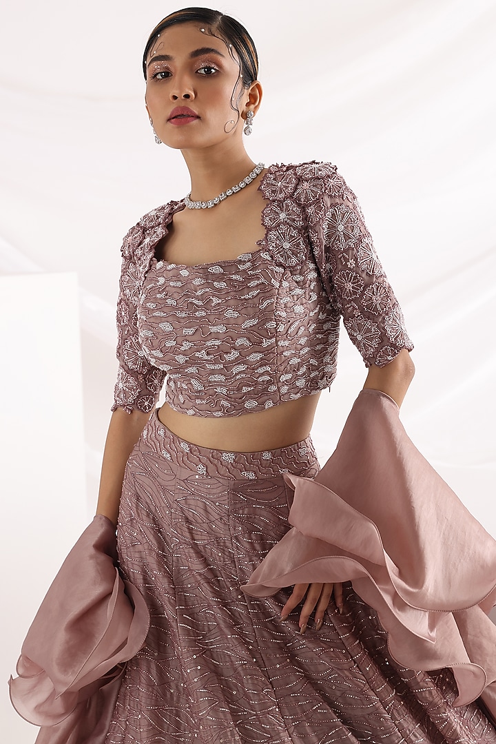 Rose Gold Satin Organza & Taffeta Wedding Lehenga Set by Smriti by Anju Agarwal at Pernia's Pop Up Shop