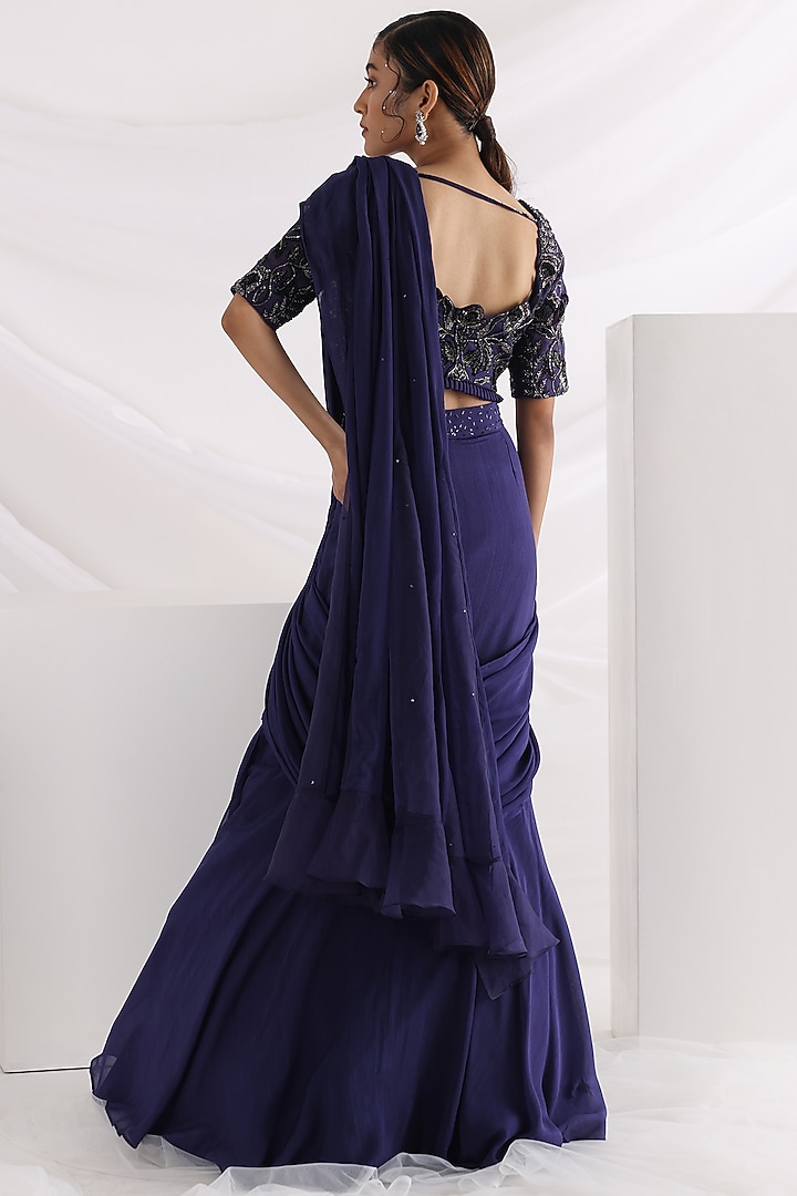 Blue Chinon & Taffeta Pre-Draped Wedding Saree Set by Smriti by Anju Agarwal at Pernia's Pop Up Shop