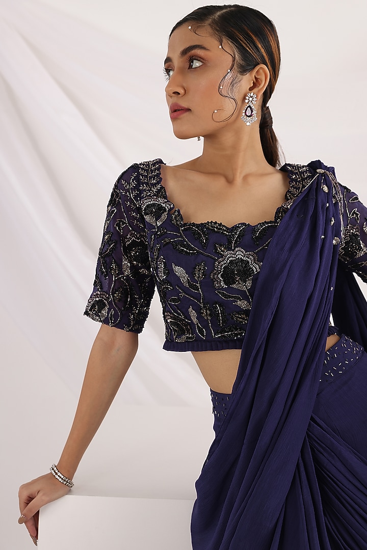 Blue Chinon & Taffeta Pre-Draped Wedding Saree Set by Smriti by Anju Agarwal at Pernia's Pop Up Shop
