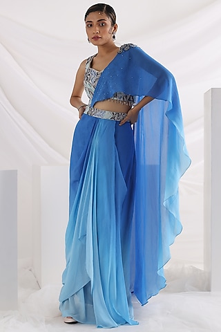 Oceanic Blue Crepe & Chinnon Draped Saree Set by Smriti by Anju Agarwal