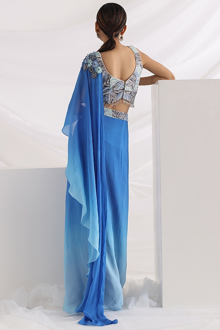 Oceanic Blue Crepe & Chinnon Draped Party Wear Saree Set by Smriti by Anju Agarwal at Pernia's Pop Up Shop