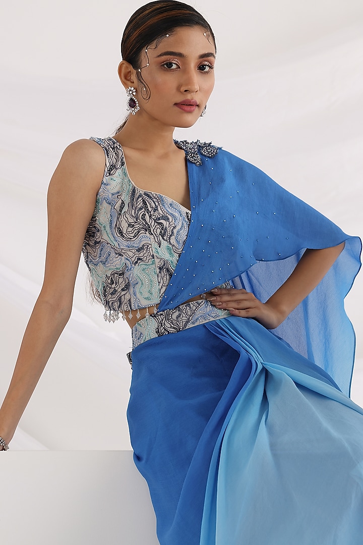 Oceanic Blue Crepe & Chinnon Draped Party Wear Saree Set by Smriti by Anju Agarwal at Pernia's Pop Up Shop