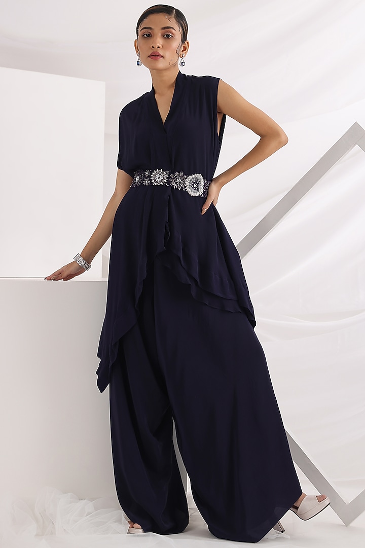 Dark Purple Crepe & Taffeta Co-Ord Set by Smriti by Anju Agarwal at Pernia's Pop Up Shop
