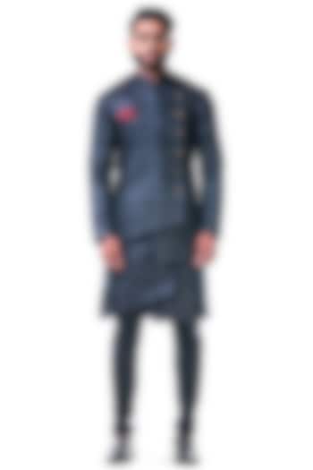 Charcoal Black Cotton Silk Kurta Set With Bundi Jacket by Smriti By Anju Agarwal Men at Pernia's Pop Up Shop