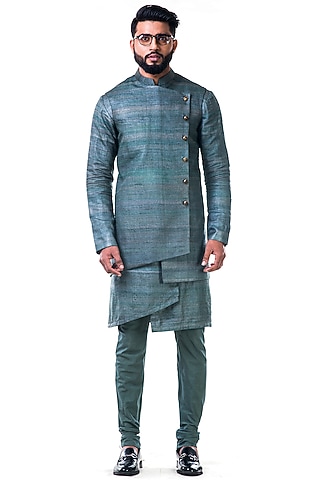Dull Green Cotton Silk Kurta Set With Bundi Jacket by Smriti By Anju Agarwal Men