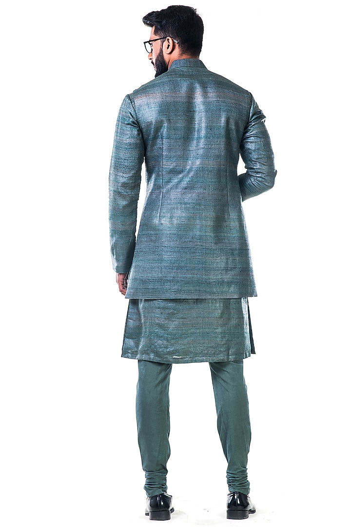 Dull Green Cotton Silk Kurta Set With Bundi Jacket by Smriti By Anju Agarwal Men at Pernia's Pop Up Shop