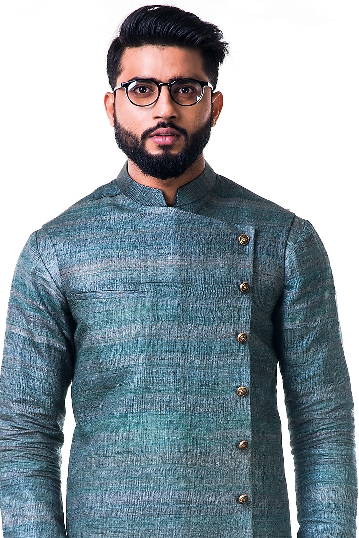 Dull Green Cotton Silk Kurta Set With Bundi Jacket by Smriti By Anju Agarwal Men at Pernia's Pop Up Shop
