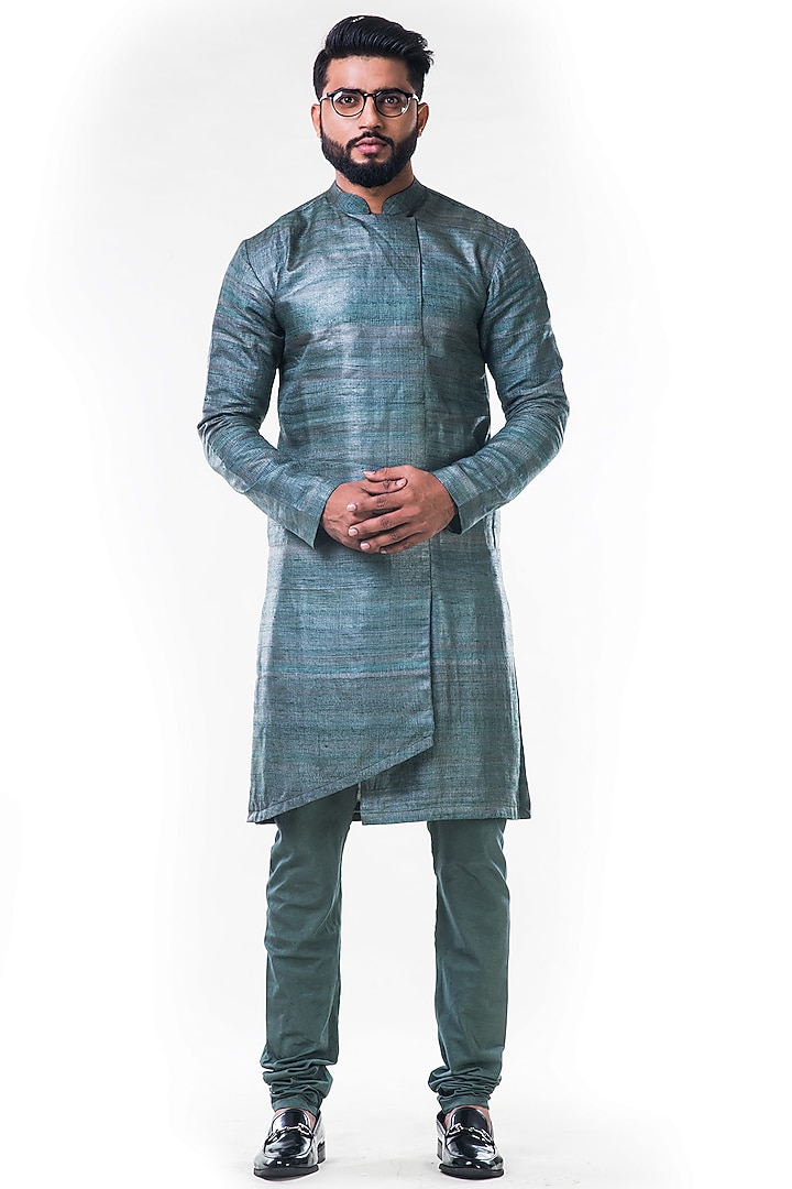 Dull Green Cotton Silk Kurta Set With Bundi Jacket by Smriti By Anju Agarwal Men at Pernia's Pop Up Shop
