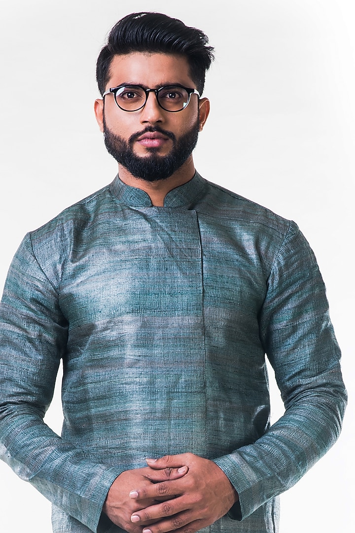 Dull Green Cotton Silk Kurta Set With Bundi Jacket by Smriti By Anju Agarwal Men at Pernia's Pop Up Shop