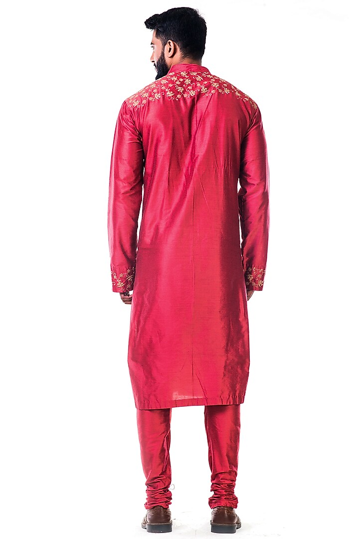 Rust Katan Silk Cord Embroidered Kurta Set by Smriti By Anju Agarwal Men at Pernia's Pop Up Shop