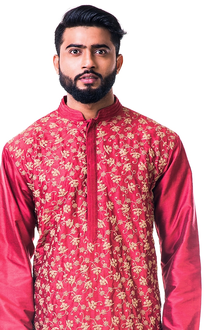 Rust Katan Silk Cord Embroidered Kurta Set by Smriti By Anju Agarwal Men at Pernia's Pop Up Shop