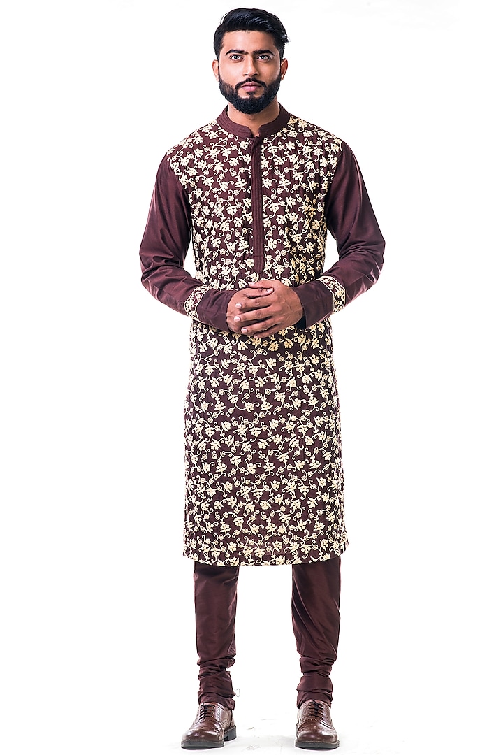 Chocolate Brown Cord Embroidered Kurta Set by Smriti By Anju Agarwal Men