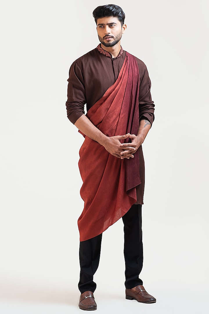 Brown Embroidered Kurta Set With Stole by Smriti by Anju Agarwal Men