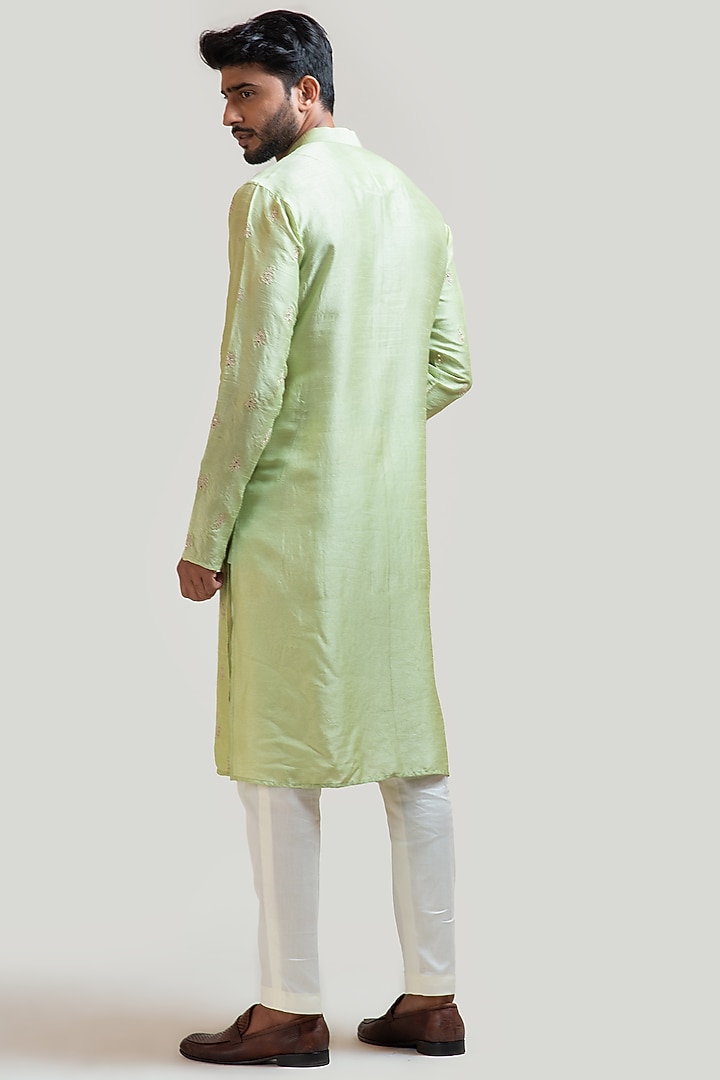 Pastel Green Bamberg Silk Embroidered Kurta Set by Smriti by Anju Agarwal Men at Pernia's Pop Up Shop