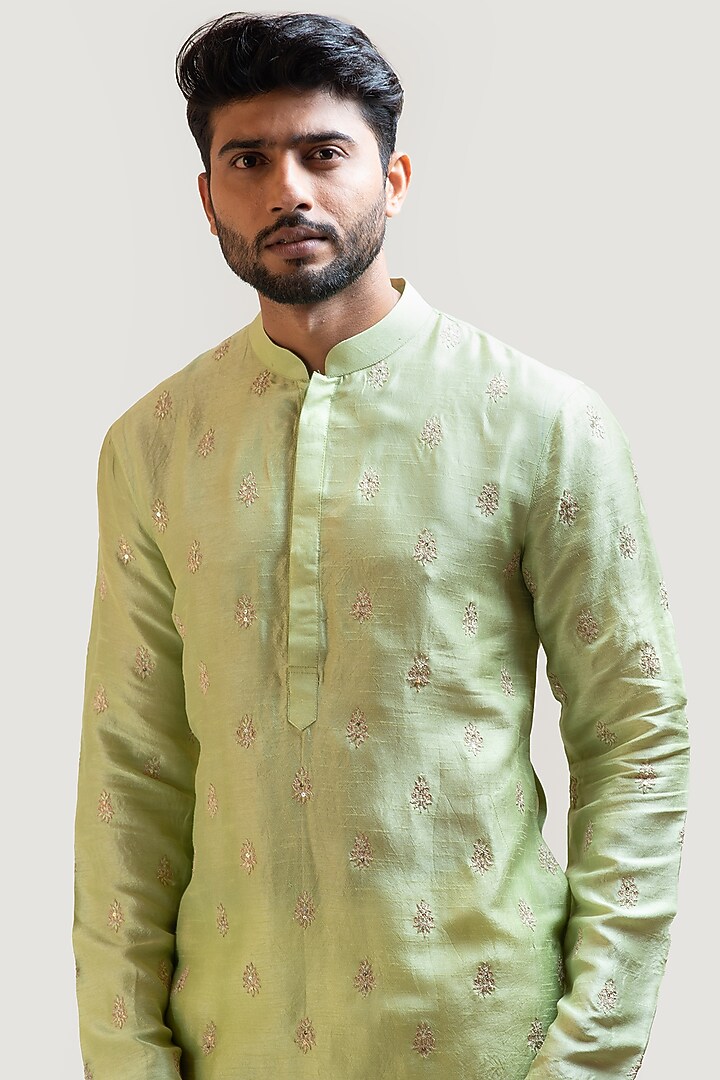 Pastel Green Bamberg Silk Embroidered Kurta Set by Smriti by Anju Agarwal Men at Pernia's Pop Up Shop