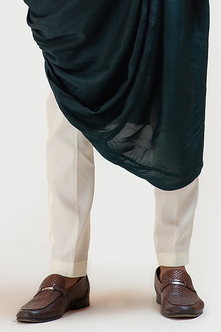 Green Bamberg Silk Draped Kurta Set by Smriti by Anju Agarwal Men at Pernia's Pop Up Shop