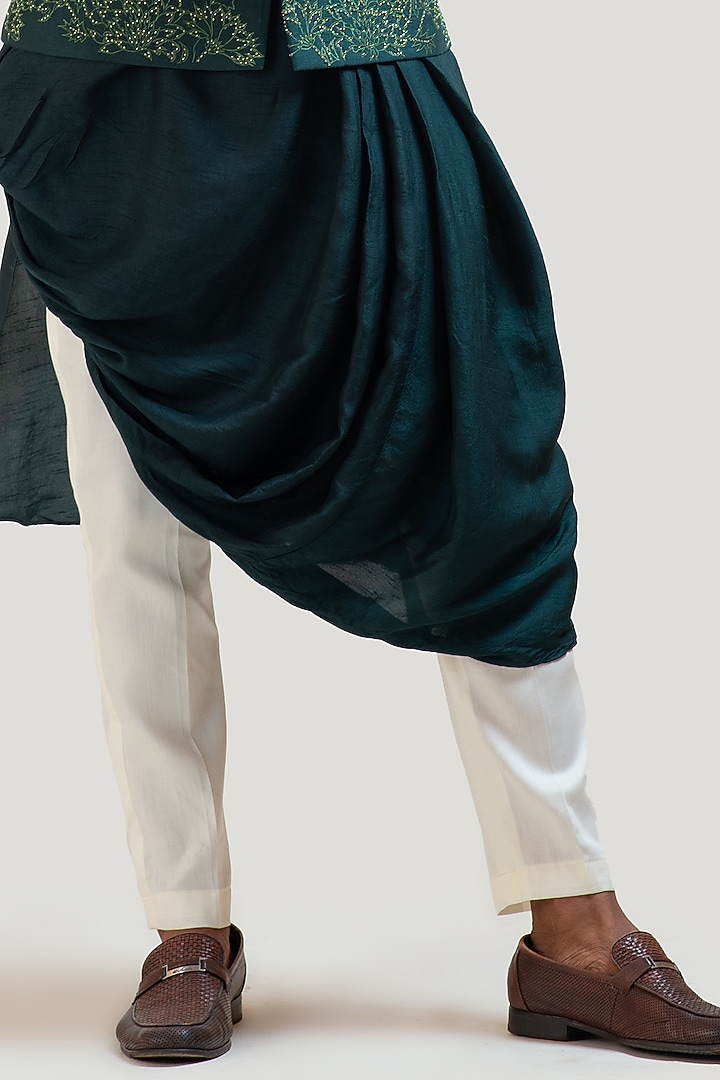 Moss Green Draped Kurta Set With Bundi Jacket by Smriti by Anju Agarwal Men at Pernia's Pop Up Shop