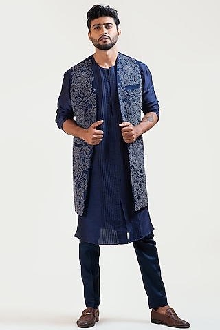 Navy Blue Embroidered Long Jacket by Smriti by Anju Agarwal Men