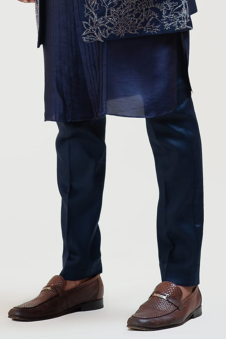 Navy Blue Bamberg Silk Kurta Set With Long Wedding Indowestern Jacket by Smriti by Anju Agarwal Men at Pernia's Pop Up Shop