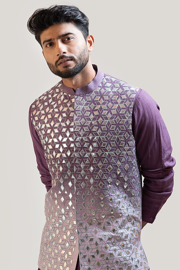 Lavender Ombre Bamberg Silk Embroidered Bundi Jacket by Smriti by Anju Agarwal Men at Pernia's Pop Up Shop