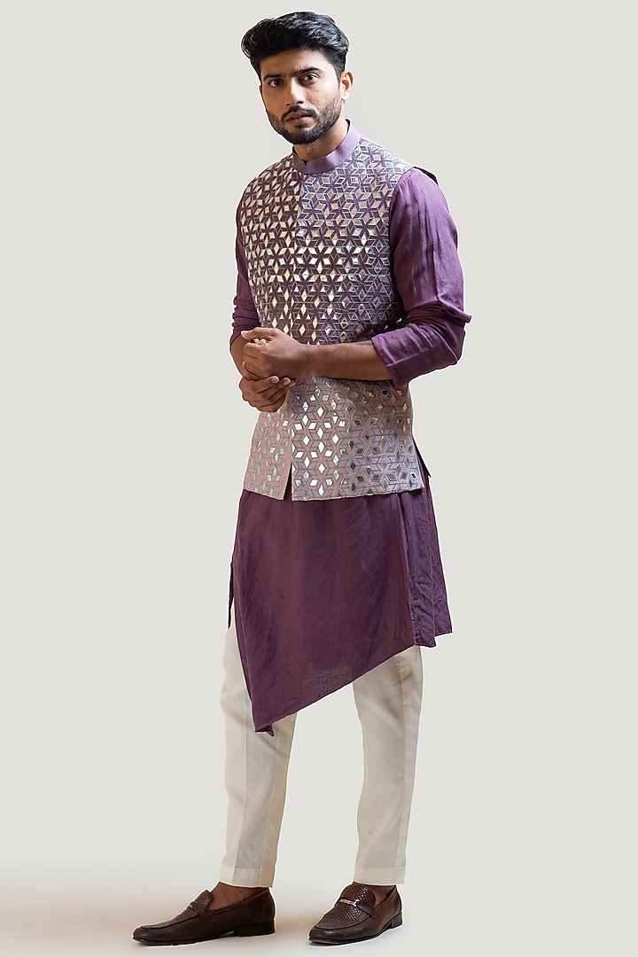 Lavender Ombre Bamberg Silk Embroidered Bundi Jacket Set by Smriti by Anju Agarwal Men at Pernia's Pop Up Shop