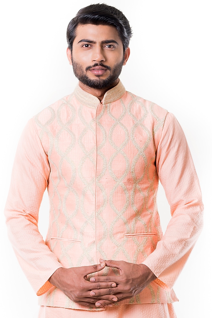 Peach Raw Silk Cord Embroidered Bundi Jacket Set by Smriti By Anju Agarwal Men at Pernia's Pop Up Shop