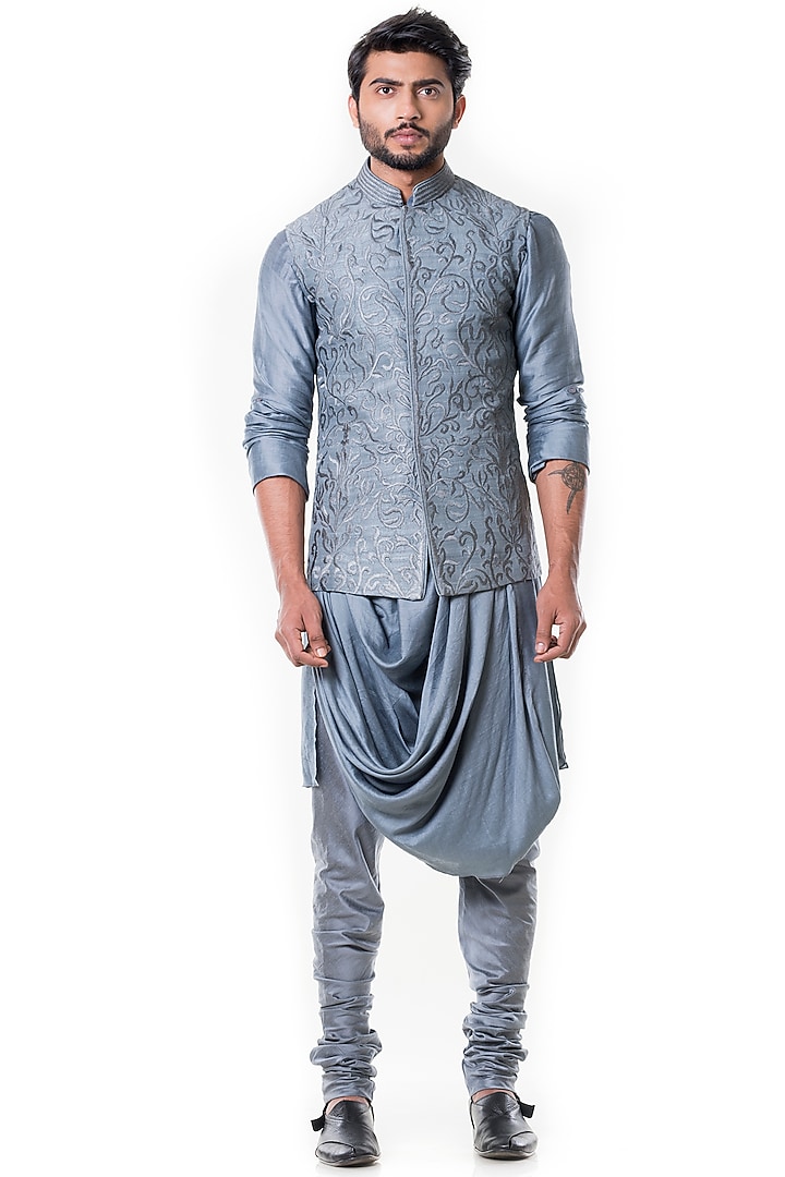 Grey Silk Cowl Kurta Set With Waist Coat by Smriti By Anju Agarwal Men at Pernia's Pop Up Shop