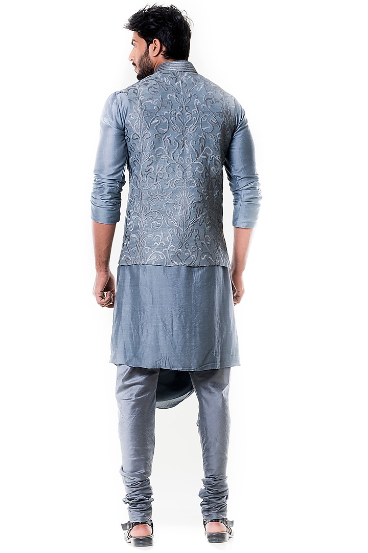 Grey Silk Cowl Kurta Set With Waist Coat by Smriti By Anju Agarwal Men at Pernia's Pop Up Shop