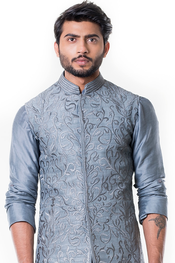 Grey Silk Cowl Kurta Set With Waist Coat by Smriti By Anju Agarwal Men at Pernia's Pop Up Shop