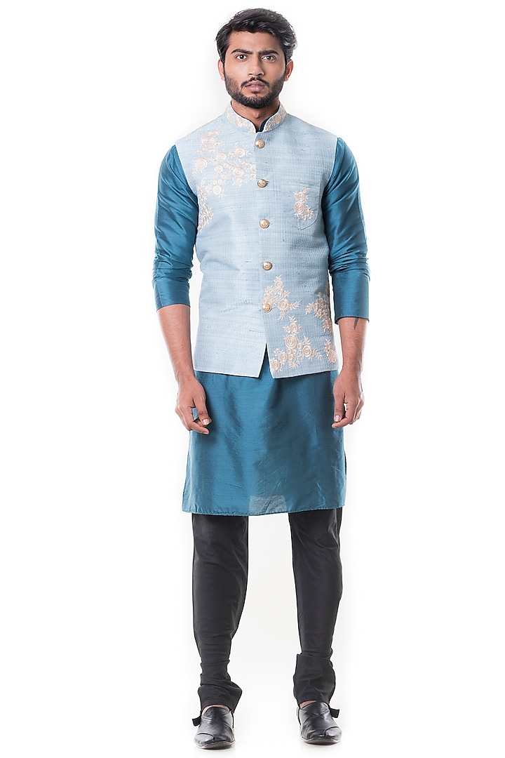 Blue Cotton Silk Kurta Set With Waist Coat by Smriti By Anju Agarwal Men